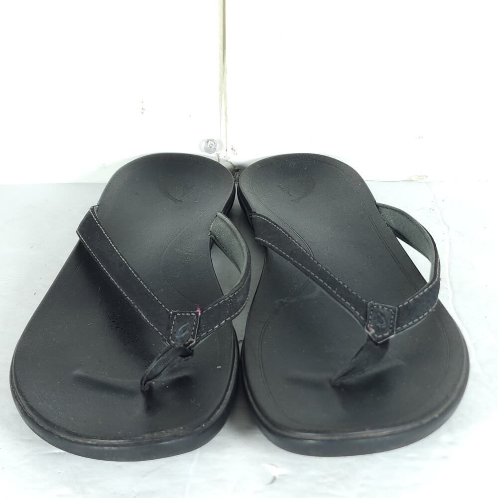 Olukai Women's Hono US8? Black Leather Slip On Flat Thong Flip Flop Sandals - Picture 5 of 16